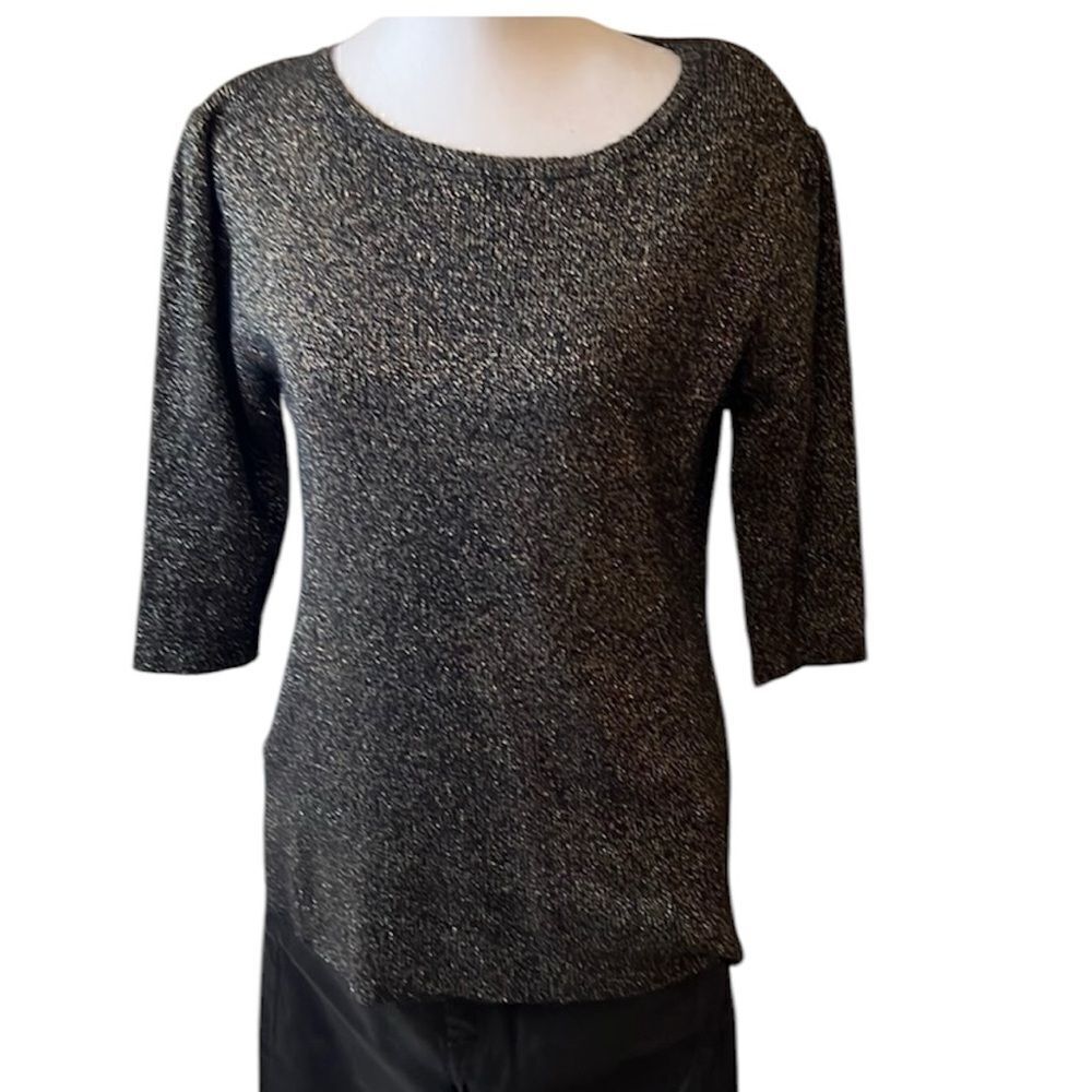 MNG by Mango szL 3/4 sleeve gathered shoulders black metallic gold sweater EUC